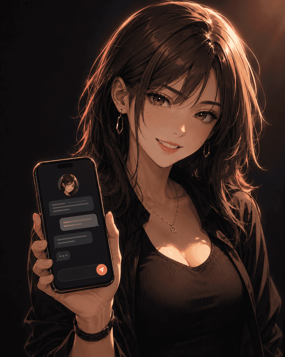 A character holding up a smartphone showing the Harpy chat app, lit by a warm coral glow against a dark background.