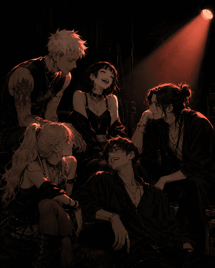 A crew of characters hanging out together on an intimate stage, lit by a single warm coral spotlight.