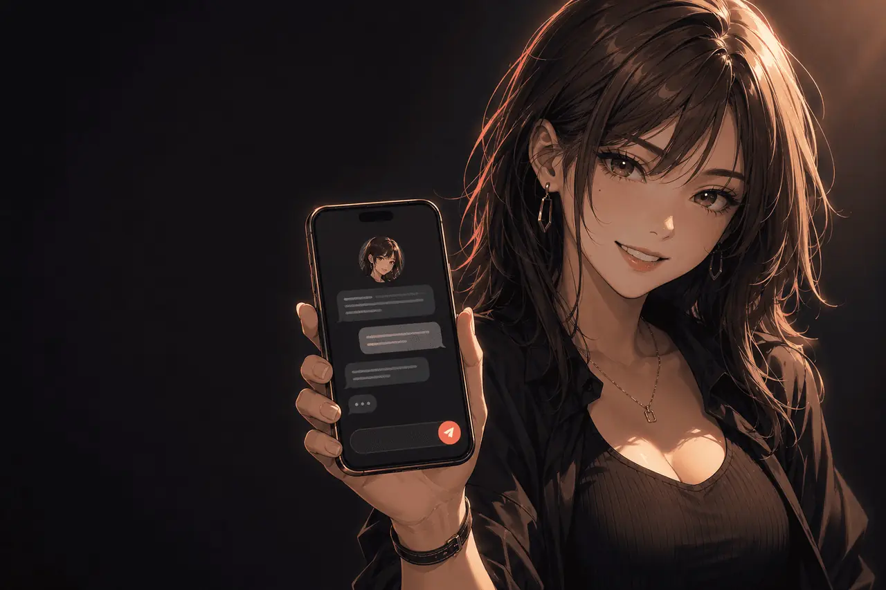 A character holding up a smartphone showing the Harpy chat app, lit by a warm coral glow against a dark background.