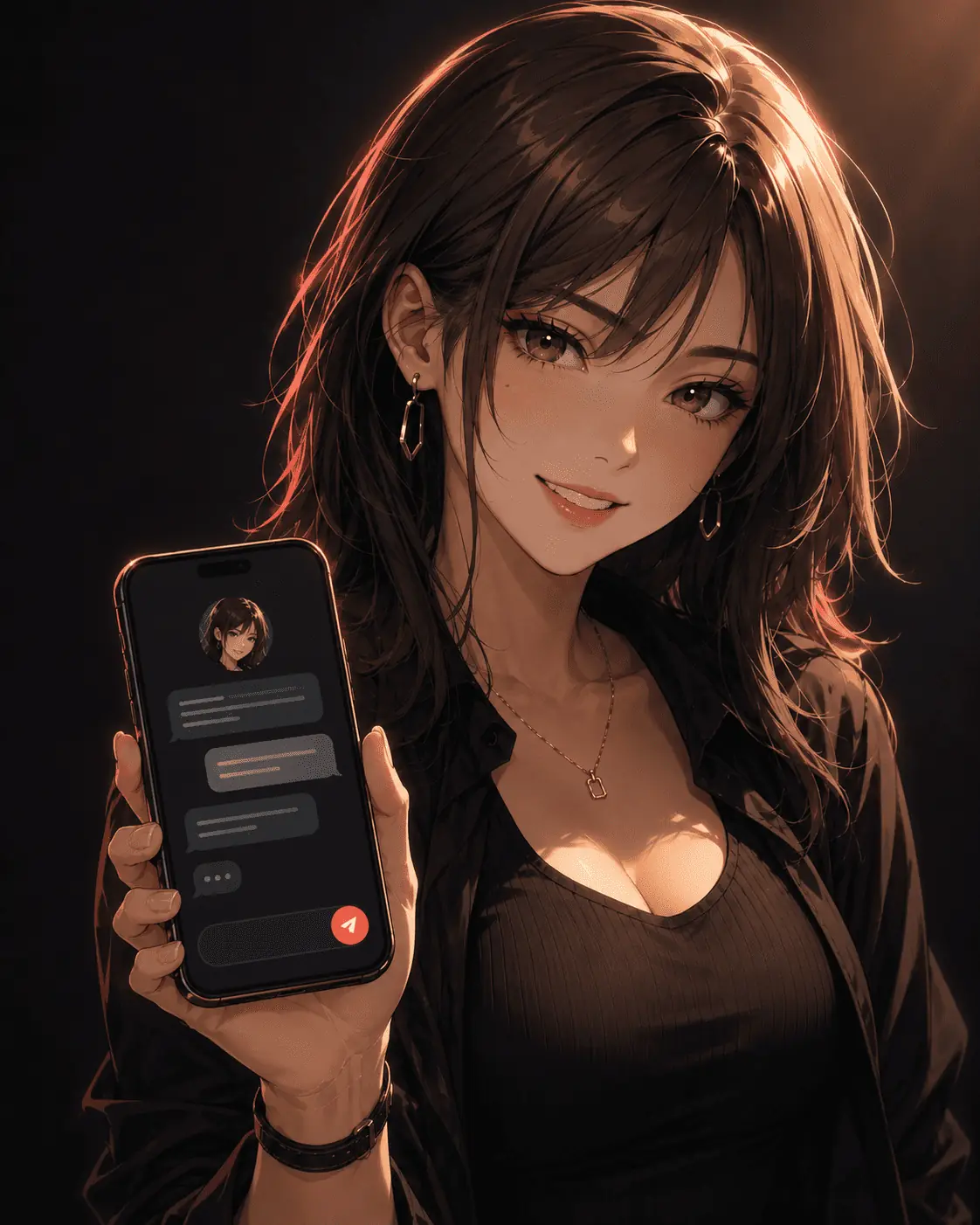A character holding up a smartphone showing the Harpy chat app, lit by a warm coral glow against a dark background.