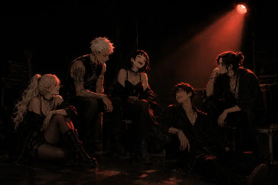 A crew of characters hanging out together on an intimate stage, lit by a single warm coral spotlight.